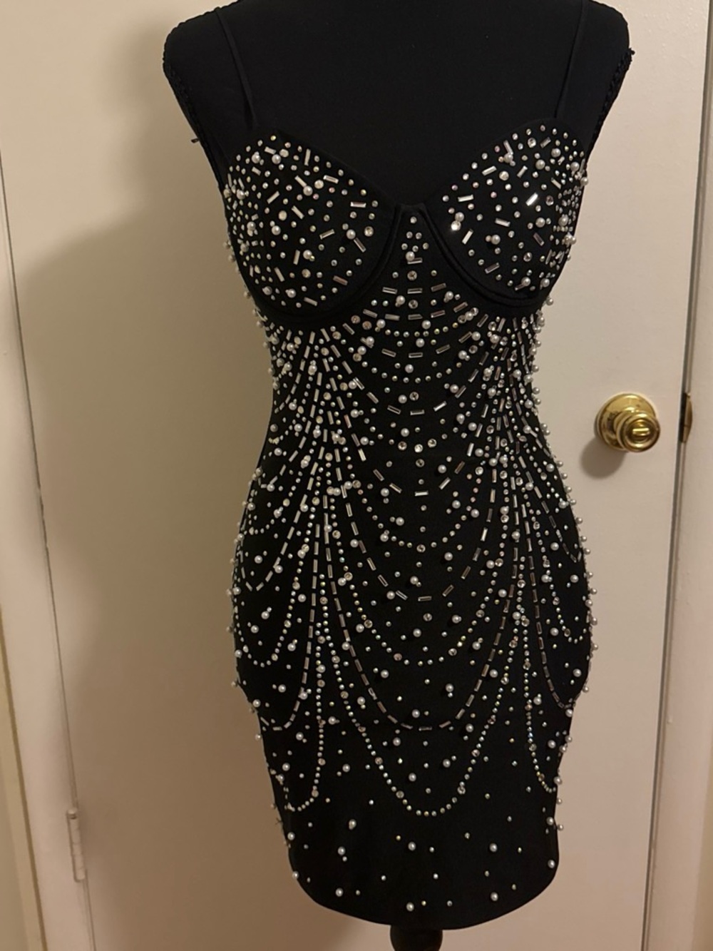 Windsor Black Rhinestone Pearl Bustier Bodycon Mini Dress Size M